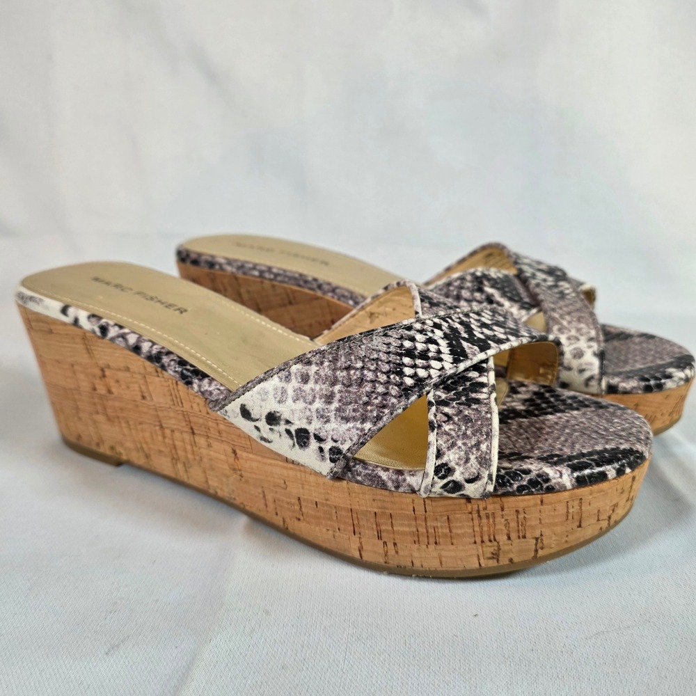 Marc Fisher Womens 8 Snakeskin Print Cork Wedge Platform Slip-On Sandals